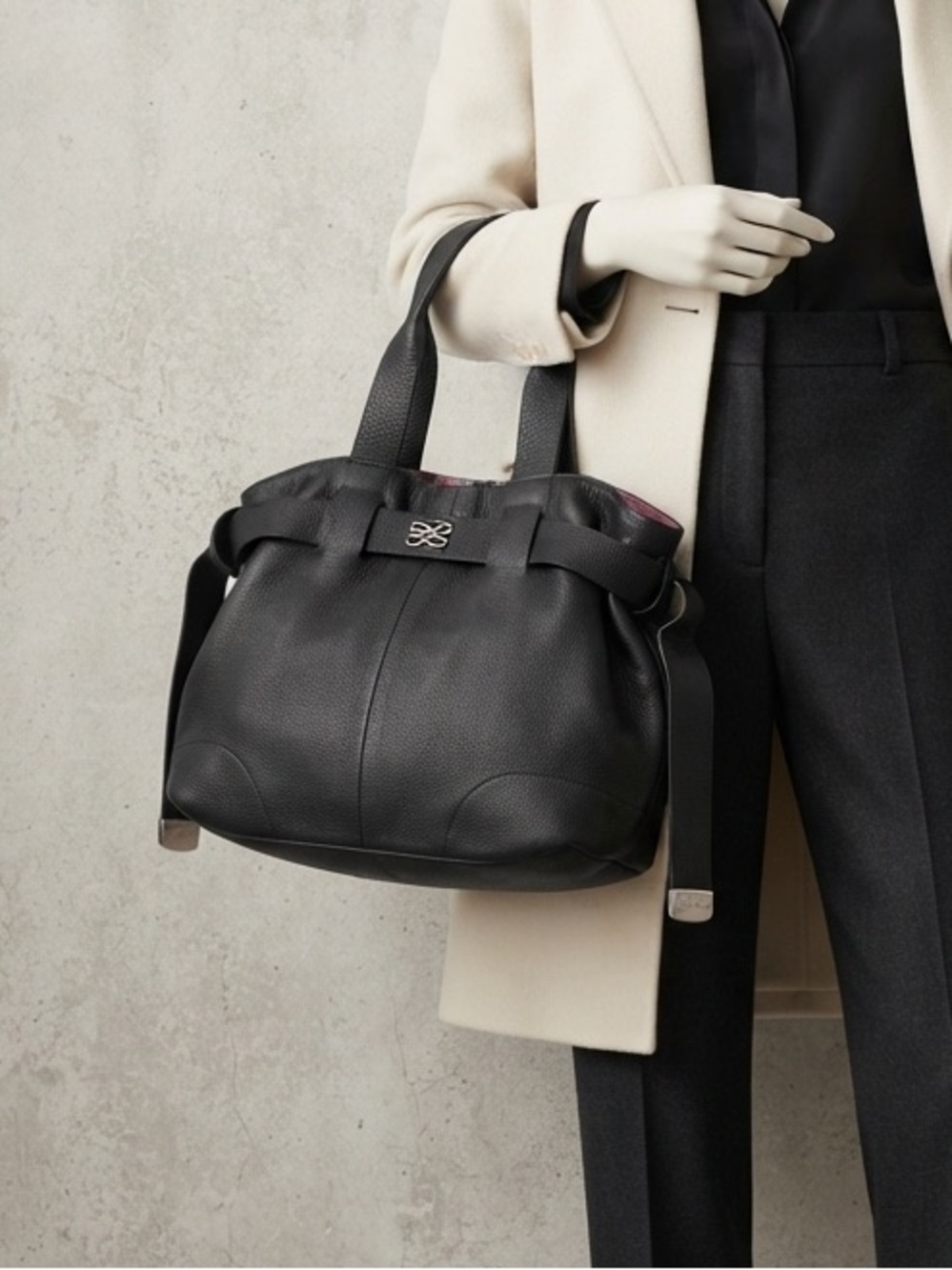 Lancel Paris L'Adjani Pebbled Leather Tote - Black with Signature Purple Lining